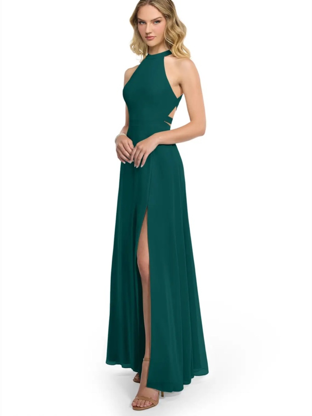 Azazie Clarice High Neckline Low Back Floor Length Dress Chiffon Peacock Women 4